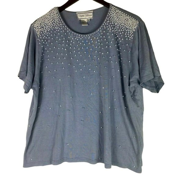 Diane Gilman 2X XXL 18 20 Top Shirt Blue Silk Blend Pearls Career Party - Picture 1 of 2